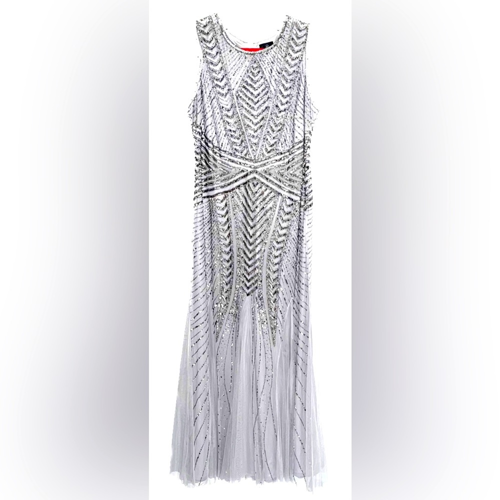 Adrianna Papell Silver Gray Hand Beaded Geometric Sheer Illusion Mermaid Gown 16